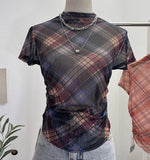 Real Shooting Sweet Cool Hottie Slim Slimming Vintage Lattice Short-Sleeved T-Shirt Small Neck Folding Thin Top