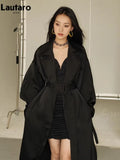 Autumn Long Flowy Dark Green Trench Coat for Women Belt Single Breasted Luxury Designer Women Clothing 2023 New