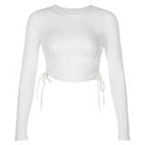 O-Neck Long Sleeve Bodycon Cropped Tops Autumn 2020 Women Irregular Drawstring Bandage Knitted Solid