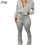 Solid Color Casual Two Piece Set Sexy Ladies Turn Down Collar Long Sleeves Jacket+High Waist Pants Clubwear