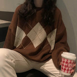 Knitted Sweater Women Oversized Argyle Sweaters Fashion Clothes Famale Long Sleeve Korean Crop Top Women Ropa De