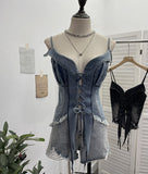 Real-Hand Shot Vintage Babes With Thaired Hairy Denim Sling Vest Short Umbilly Sleeveless Top