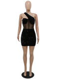 Sexy Glitter Sequined Mesh Patchwork Mini Dress Summer Women Sleeveless One Shoulder Bodycon Night Clubwear