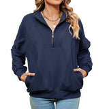 Zingj New Standing Collar Zipper Pocket Solid Color Long Sleeve Casual Hoodie Woman-Outfit