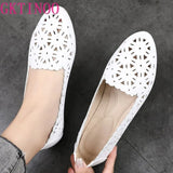 2021 Women Flat Shoes Genuine Leather Woman Ballet Pointed Toe Flats Summer Lady Hollow Out Loafers Women Shoes
