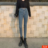 Zingj Double-Button Small Foot Jeans Women's Fall 2024 New Summer Slim Show Thin Nine Minutes Tight Black Pants-Outfit