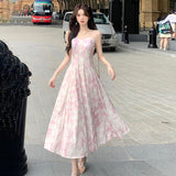 Print Elegant Beach Dress 2023 New Women Vintage Pearl Beading Sweet Midi Dress Female Princess Fairy Strap Evening