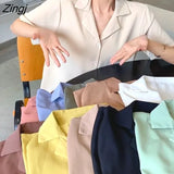 Colors Shirts Women Colorful Simple Notched Sweet Girls Korean Tops Leisure Short Sleeve Student All-match Version Female