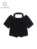 Women Black T Shirts 90s Girls Short Sleeve Sexy Hollow Out Crop Top Aesthetic Casual Vintage Tee Top Summer Streetwear