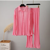 Women's Shirt Pleated Two Piece Set Loose High Waist Wide Leg Pants Suit 2022 Casual Elegant Office Ladies Female