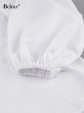 Linen Ruffle Shorts Sets 2 Pieces Women Sexy Lantern Sleeve White Tops Summer Elastic Waist Shorts Woman Suit