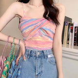 Knit Camisole Crop Top Girls Twisted Contrast Color Striped Stretchy Sweet Hot Camis Sleeveless T-Shirt For Slim