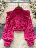 French Style Casual Embroidery Blouse Women Long Sleeves Pearl Shirt Fashion Ruffles Cotton Hollow Out Loose