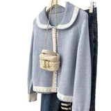 Style Gentle Wind Horn Buckle Knitted Cardigan Women's Spring And Autumn Dress Foreign Style Sweet Age Reduction Milk Doll Collar