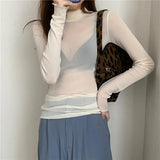 Autumn Women's Sexy See-Through Mesh Blouse Female Long Sleeve Transparent Elegant Shirt Fashion Women
