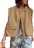 New Women's Sleeveless Pocket Baggy Vest Solid Color Cardigan Zipper Fashion Coat Women-Outfit