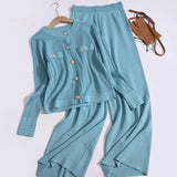 New Fashionable Casual Sports Knitted Two Piece Set Women's Single Breasted Round Neck Knit Cardigan + Wide Leg Pants