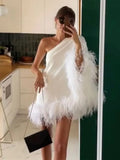Zingj Shoulder Feather Hem Mini Dress Women Loose Backless Irregular Short Dresses 2024 New Fashion Lady Evening Prom Vestidos 211-1-Outfit