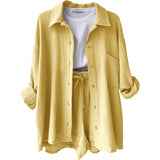 Women's Wrinkle Collar Long-Sleeved Shirt High-Waisted Rope Shorts Fashion Casual Two-Piece