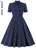 Tie Neck Pleated Elegant Party Midi Dress Shirt Women Polka Dot Print Blue Sundress Vintage High Waist Pockets Swing