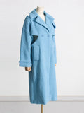 Zingj 2024 New Fashion Hollow Design Sense Kink Waist Show Thin Long Blue Plush Coat