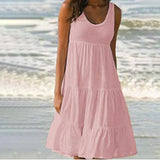 Casual Sleeveless O Neck Ruffles Mini Dress Elegant Solid Beach Dress Oversized Loose Dress 2021 Summer