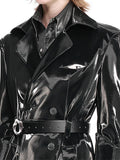 Autumn Long Black Waterproof Reflective Patent Leather Trench Coat for Women Belt Double Breasted European Fashion