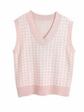 V-neck Sweaters Women Sleeveless Print Casual Y2K Loose England Style Patchwork Knit Autumn Winter Tank Tops