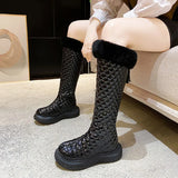Winter Warm Snow Boots Women Fashion PU leather Fur Plush Shoes Flat Heels Knee High Boots Black White Ladies