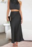 Satin Sexy Dress Women Sleeveless Two-Piece Formal Occasion Dresses A Line Summer Solid Casual Party Dress Sets