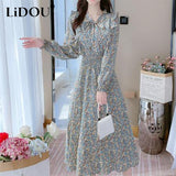Autumn Vintage Sweet Floral Print Bow Waist A-line Chiffon Dresses Women Elegant Long Sleeve Ruffles Casual Fashion
