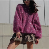 Zingj Sequins Ma Hair Sweater 2023 New Loose Round Collar Lantern Sleeve Sweater-Outfit