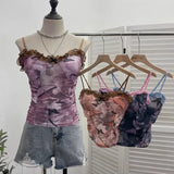 Real-Shooting Lace Bow Repair Body Tie-Dye-Print Mesh Hottie Pure Desire Sling Vest With Chest Cushion Top