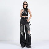 Zingj Street Black Ripped Jeans Women's New Summer Popular Logo Straight Tube Loose And Versatile Drag Wide Leg