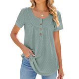 Zingj 2024 New Circle Draw Pleated Button Short Sleeve Swallow-Tailed T-Shirt Top-Outfit