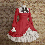 Japanese Style Women Gothic Cosplay Dresses High Waist Contrast-Color Ruffled Sweet Lolita Dress Kawaii