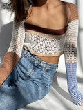 Knitted Long Sleeve Crop Top Women Beach Autumn Summer Patchwork Vintage Green Casual T Shirts Sexy