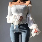 Color Pleated Bow Fashion Women Ladies Long Sleeve Off Shoulder Cropped Tops Blouse Shirt Lace Up Corset