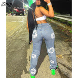 Fall Floral Print Jeans For Women Streetwear 2022 Blue High Waist Baggy Jeans Ladies Solid Casual Straight Long