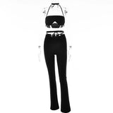 Black Sexy Sleeveless Two Pieces Sets Women Halter Bandage Crop Top Flare Pants Slim Matching Set Backless Club