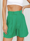 Casual Green High Waist Shorts Women Summer Street Pure Cotton Wide Leg Shorts All-Match Pleated Sports Women'S Shorts