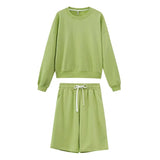 2021 Women Two Piece Set Tracksuits O-neck Sweatshirts Elastic High Waist bermuda shorts solid