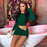 Spring Fashion Sexy Two Piece Set with Low Waist Pencil Skirt Solid Green White Bodycon Long Sleeve O-neck Shirt