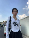 Print Vintage T Shirt Women Skinny V Neck Crop Tops Y2k Black Tshirts American Retro Autumn Winter Tee Tops