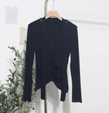 Real Shooting Explosion Long-Sleeved T-Shirt Girl Autumn Folded Waist-Bottomed Shirt V-Neck Ribbon Open Fork Short Top