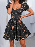 Print Square Neck Puff Sleeve Pleated Hem Dress Summer Backless A-line Casual Dress Women Short Dress Floral