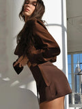 Turn-down Collar Button Women Two Piece Set Brown Long Sleeve Top High Waist Skirt Women Autumn Sexy Slim Office