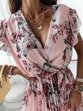 Floral Printed Dress Women Elegant Summer V Neck Chiffon Midi Dresses Female A-Line Sundress Holiday Party Vestidos