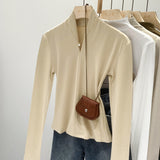 Color Design Feel Minority Long-Sleeved T-Shirt Women's Autumn New Semi-High-Collar Bottomed Shirt Slim V-Collar