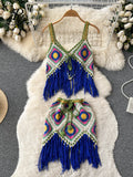 Fashion Tassel Knitted Beach Two Pieces Suits Retro Loose Top+Short Sexy Skirt Sets Women Hollow Out Vintage